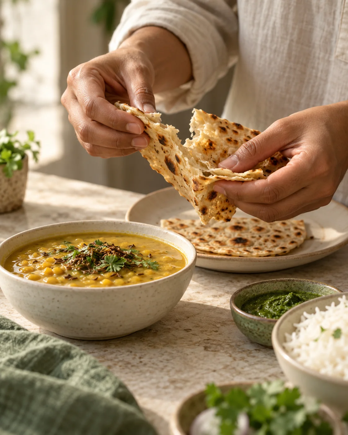 Hands tearing warm bread beside a bowl of dal