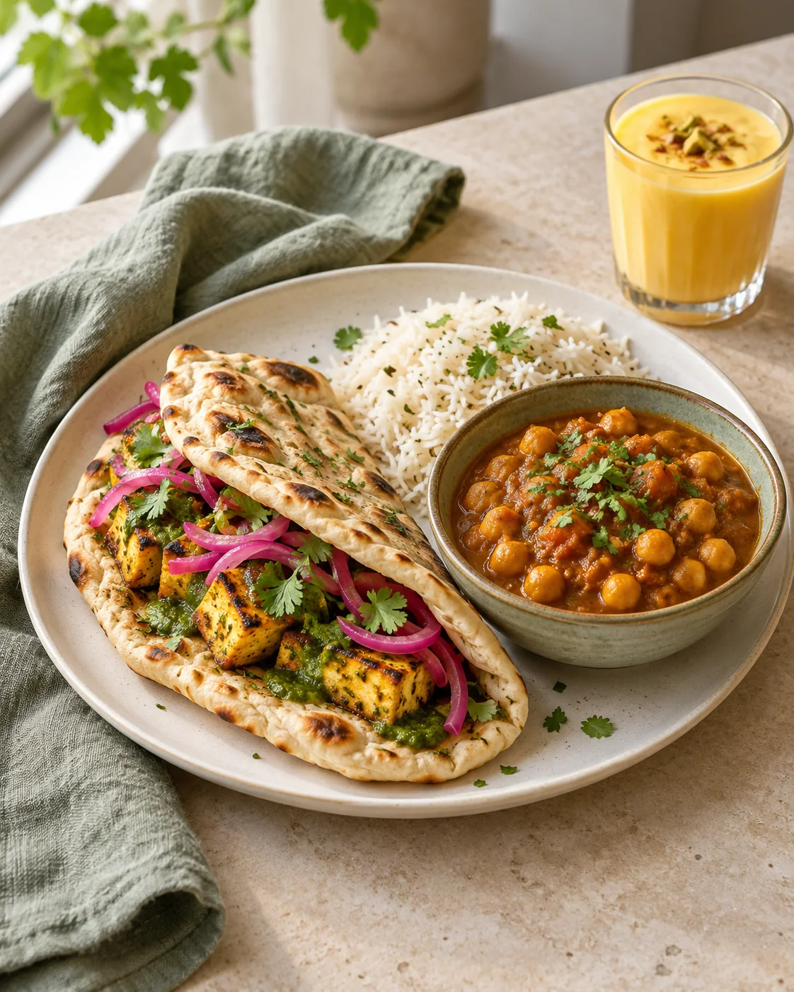 Paneer naan pocket, chickpea curry, rice and mango lassi in natural daylight